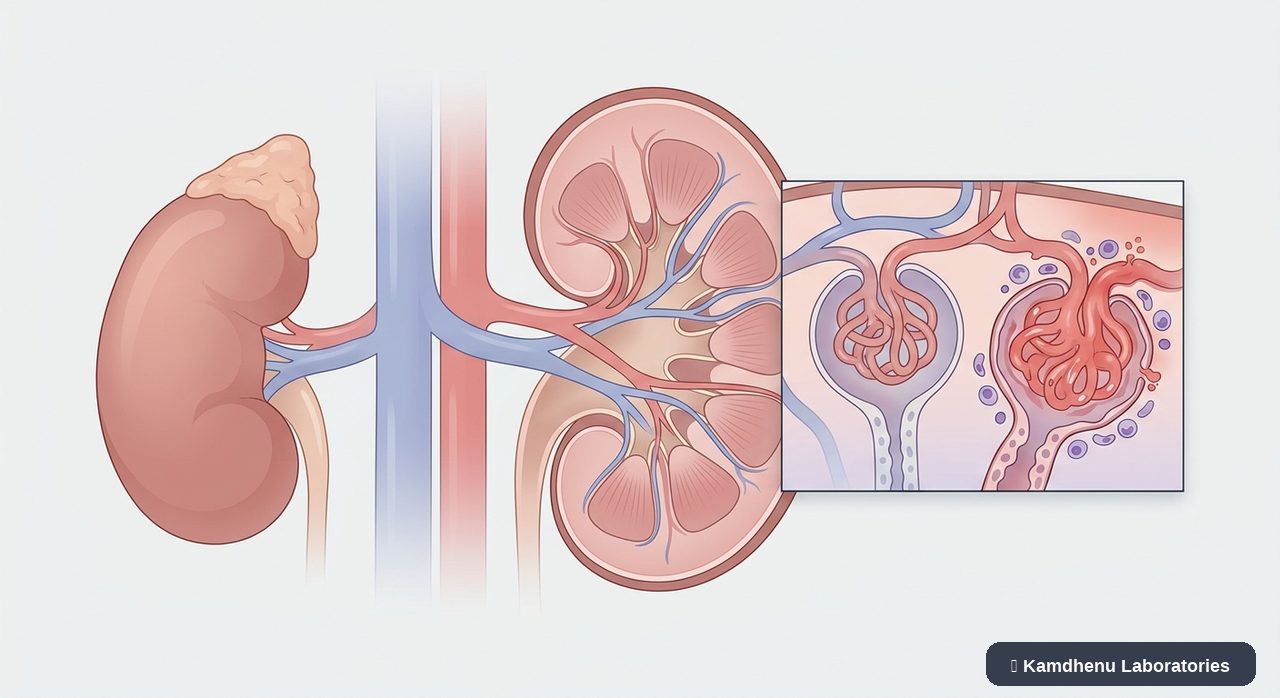 Editorial illustration representing Glomerulonephritis for the Kamdhenu Laboratories educational wellness blog.
