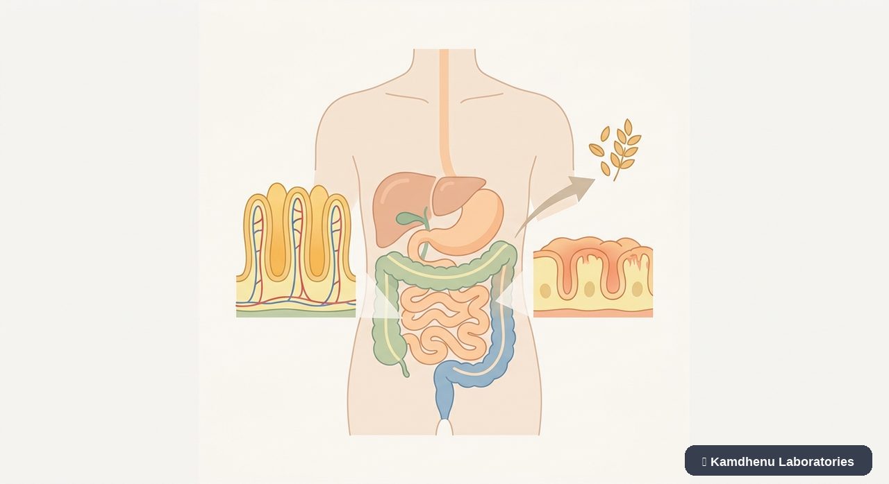 Editorial illustration representing Gluten intolerance for the Kamdhenu Laboratories educational wellness blog.