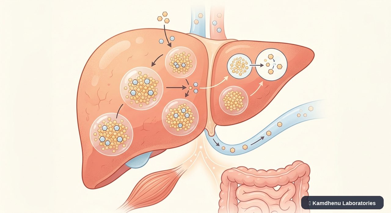 Editorial illustration representing Glycogen storage disease for the Kamdhenu Laboratories educational wellness blog.