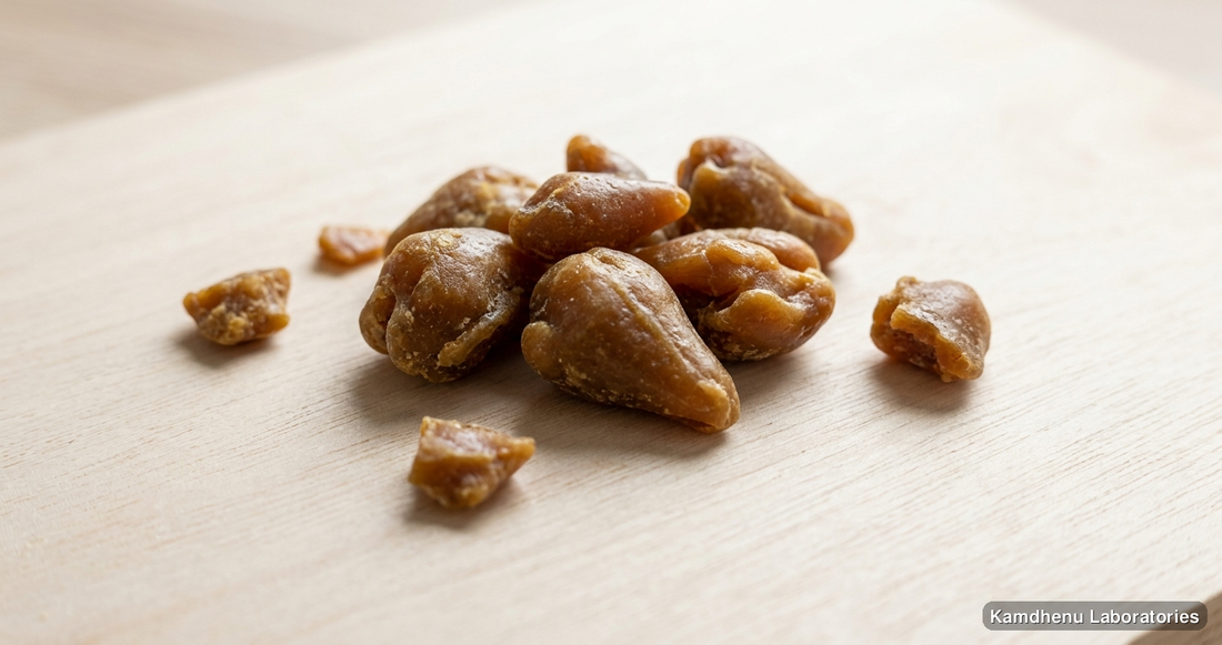 Gojhiwadhi Kwath Kan — Ayurvedic product containing hing. Clean product photograph on a soft light background.
