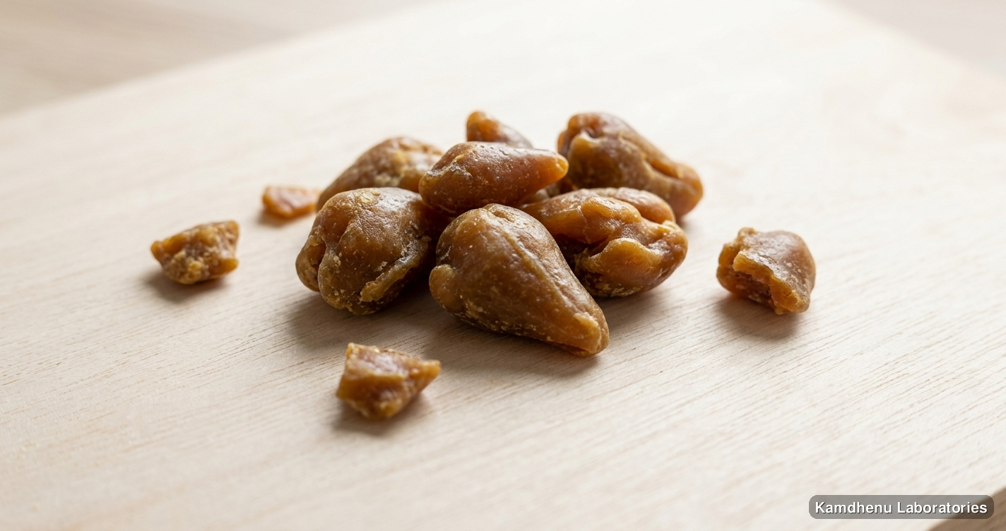Gojhiwadhi Kwath Kan — Ayurvedic product containing hing. Clean product photograph on a soft light background.
