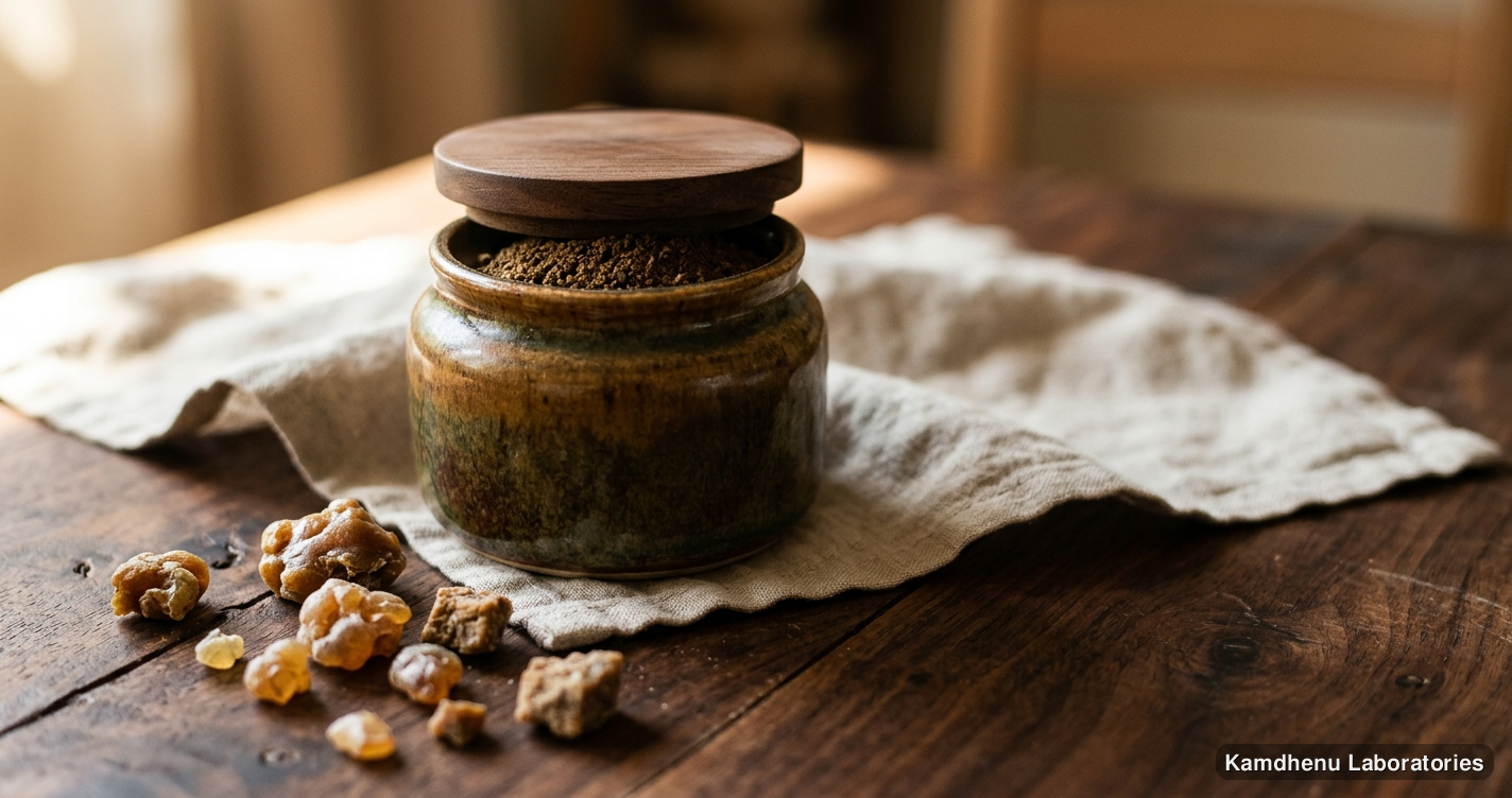 Ayurvedic product — Gojhiwadhi Kwath Kan featuring hing, photographed in a wellness setting