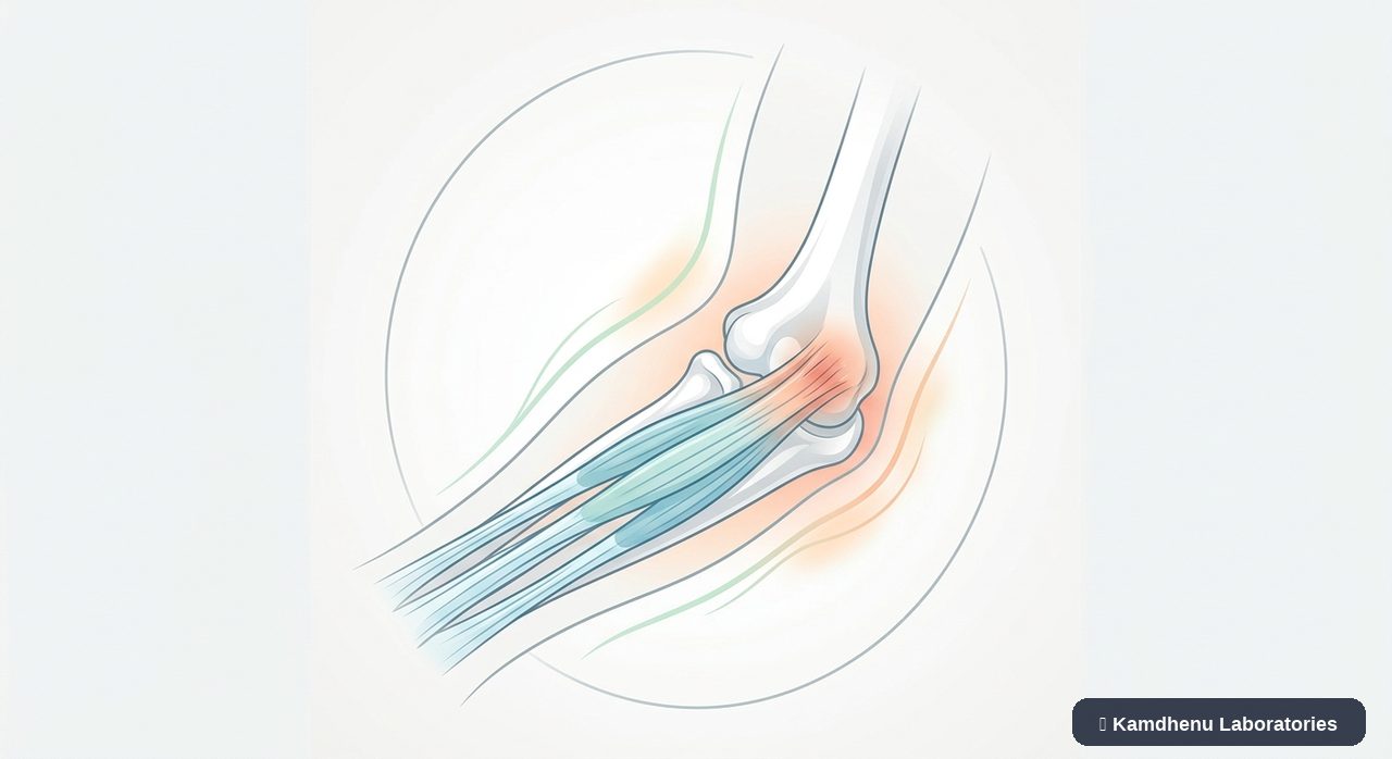 Editorial illustration representing Golfer's elbow for the Kamdhenu Laboratories educational wellness blog.
