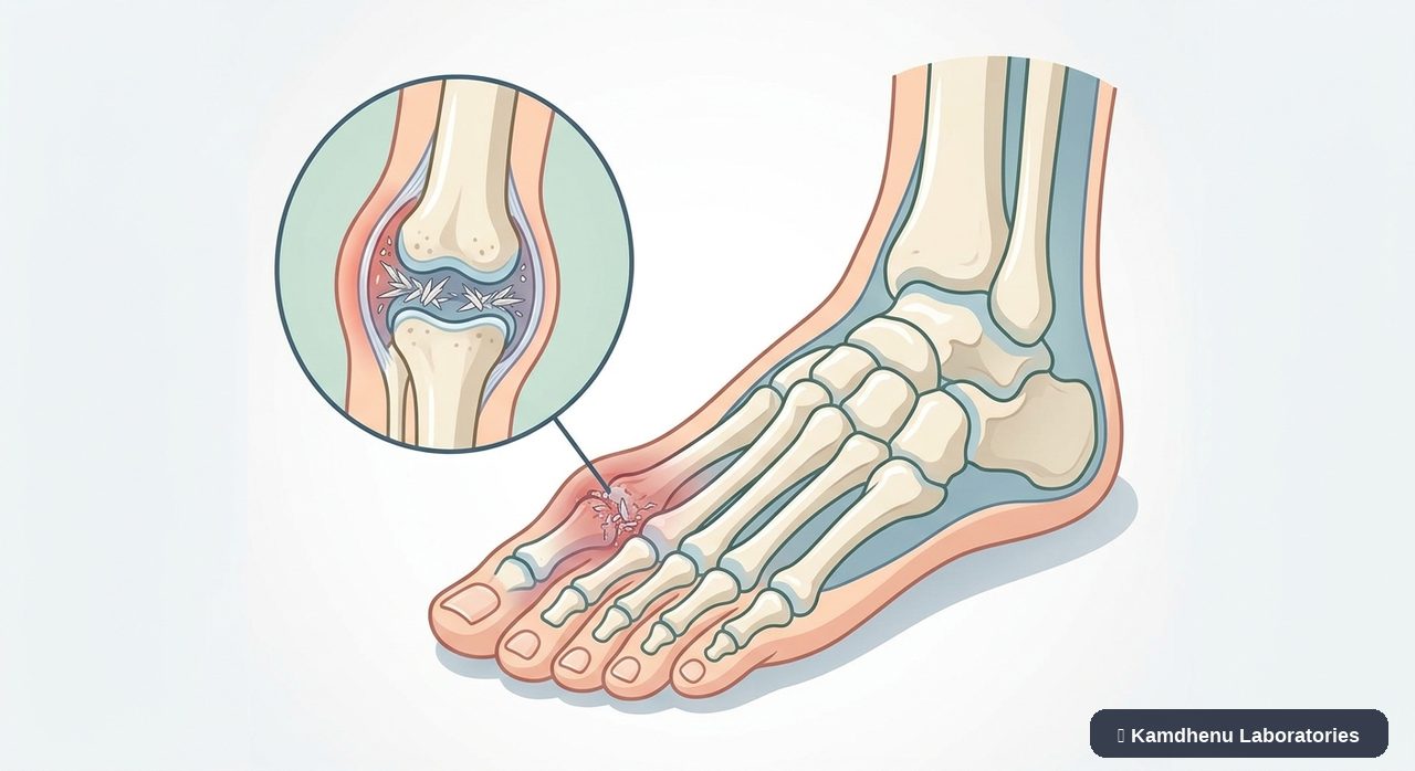 Editorial illustration representing Gout for the Kamdhenu Laboratories educational wellness blog.