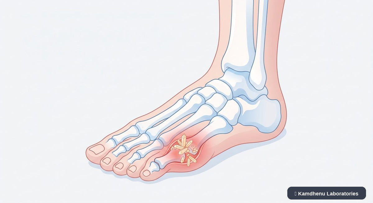 Editorial illustration representing Gouty arthritis for the Kamdhenu Laboratories educational wellness blog.