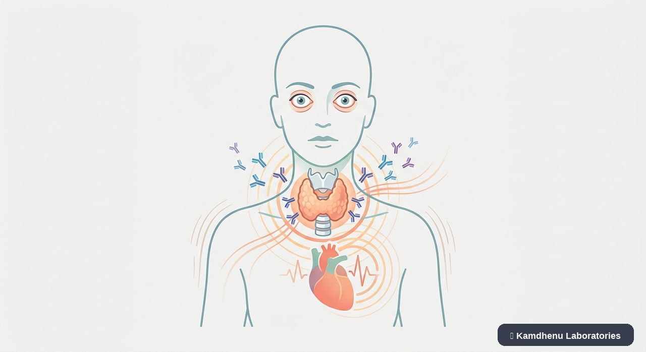 Editorial illustration representing Graves' disease for the Kamdhenu Laboratories educational wellness blog.