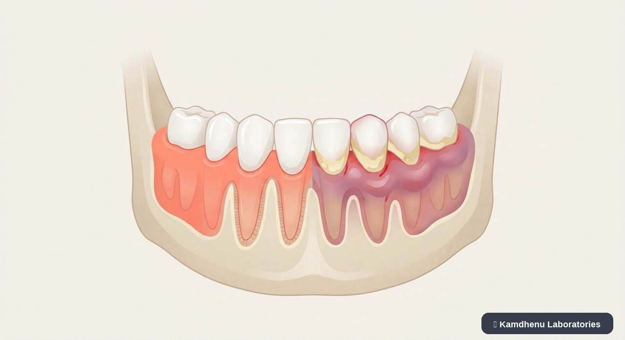 Editorial illustration representing Gum disease (Gingivitis) for the Kamdhenu Laboratories educational wellness blog.