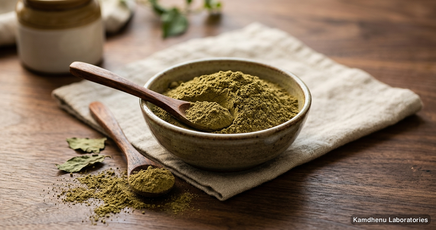 Ayurvedic powder — Gurmaar Powder, photographed in a wellness setting