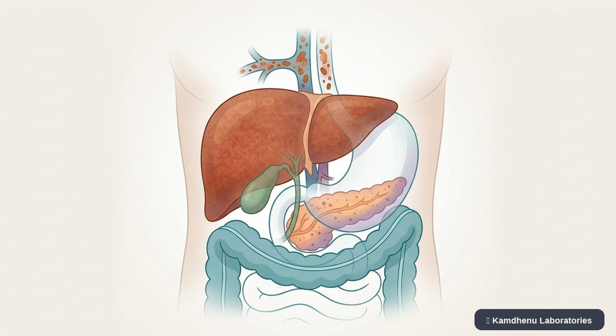 Editorial illustration representing Haemochromatosis for the Kamdhenu Laboratories educational wellness blog.