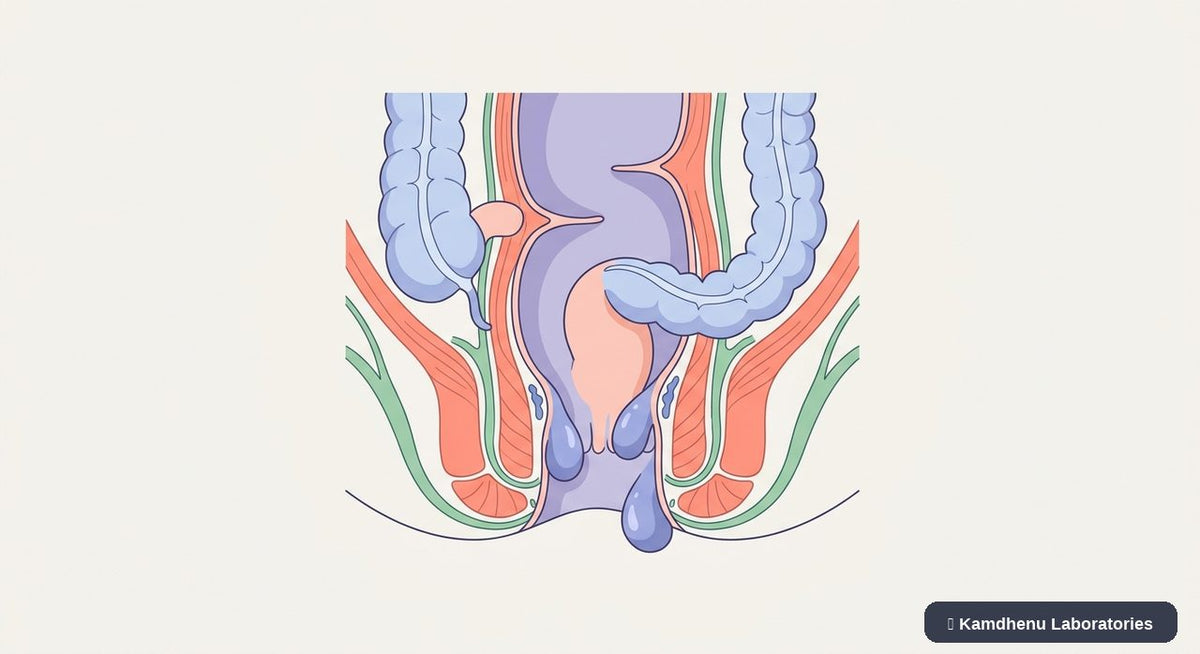 Editorial illustration representing Haemorrhoids (Piles) for the Kamdhenu Laboratories educational wellness blog.
