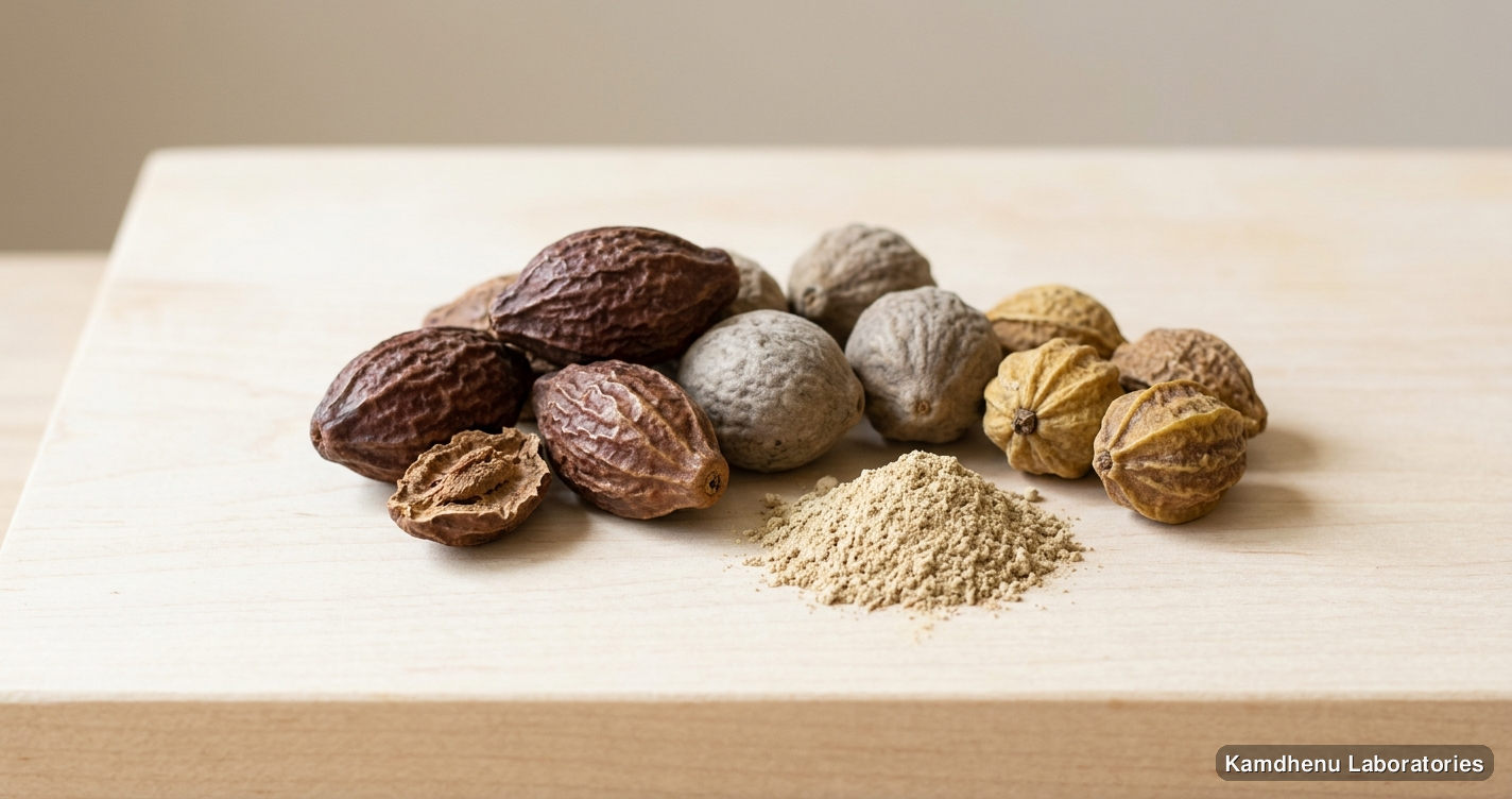 Harad Powder — Ayurvedic powder containing triphala. Clean product photograph on a soft light background.