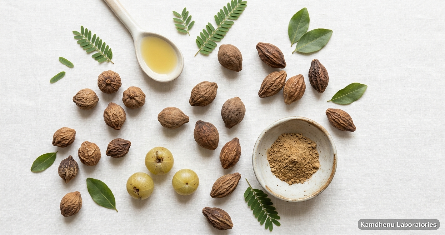 Harad Powder — Ayurvedic powder containing triphala. Clean product photograph on a soft light background.