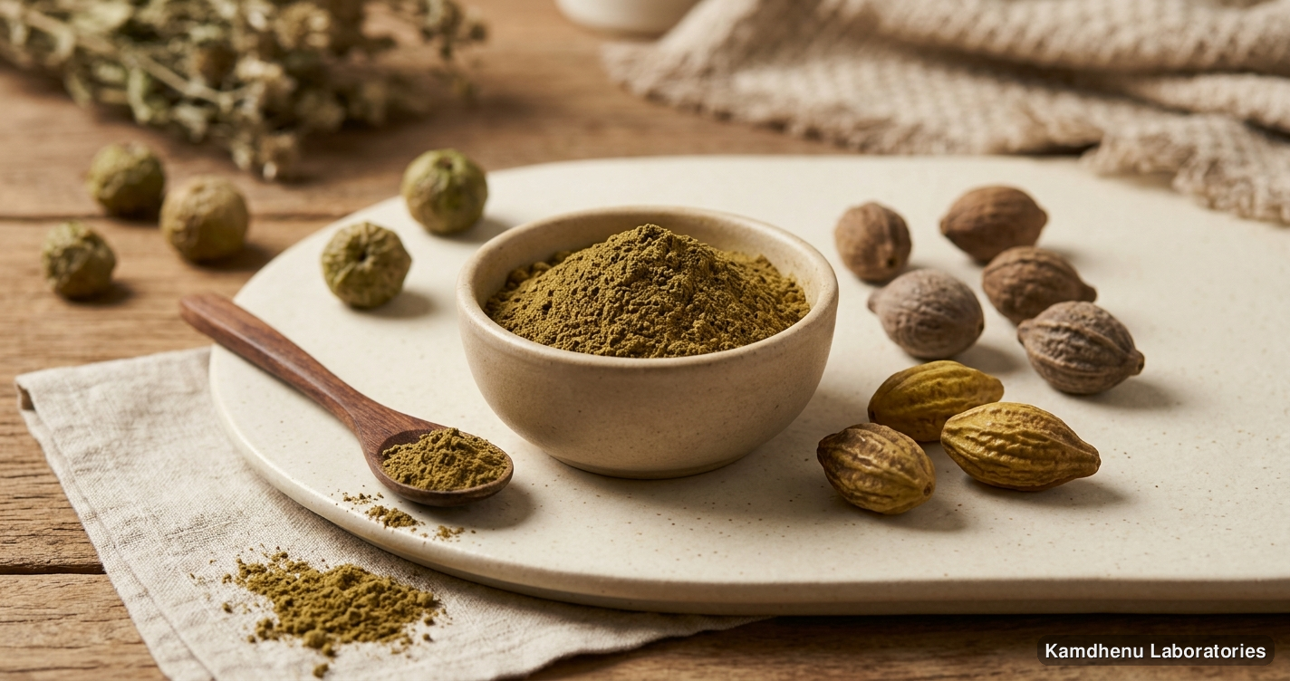 Ayurvedic powder — Harad Powder featuring triphala, photographed in a wellness setting