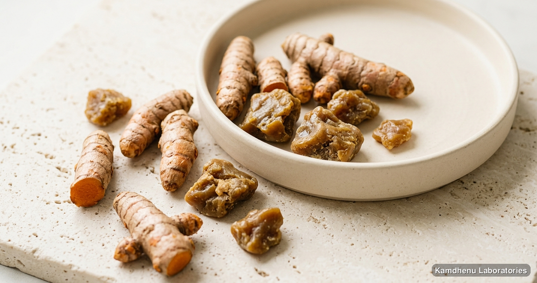 Haridra Khand Granules | 200GM — Ayurvedic product containing turmeric, hing. Clean product photograph on a soft light background.