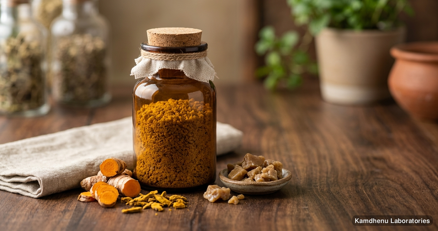 Ayurvedic product — Haridra Khand Granules | 200GM featuring turmeric, hing, photographed in a wellness setting