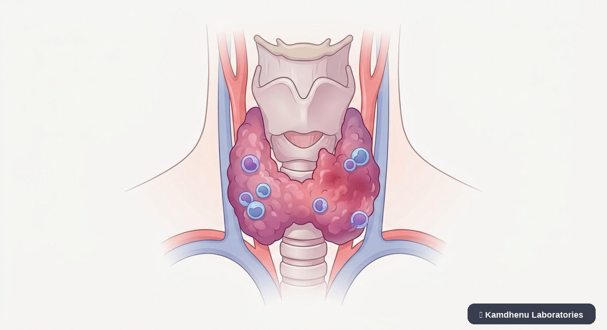 Editorial illustration representing Hashimoto's thyroiditis for the Kamdhenu Laboratories educational wellness blog.