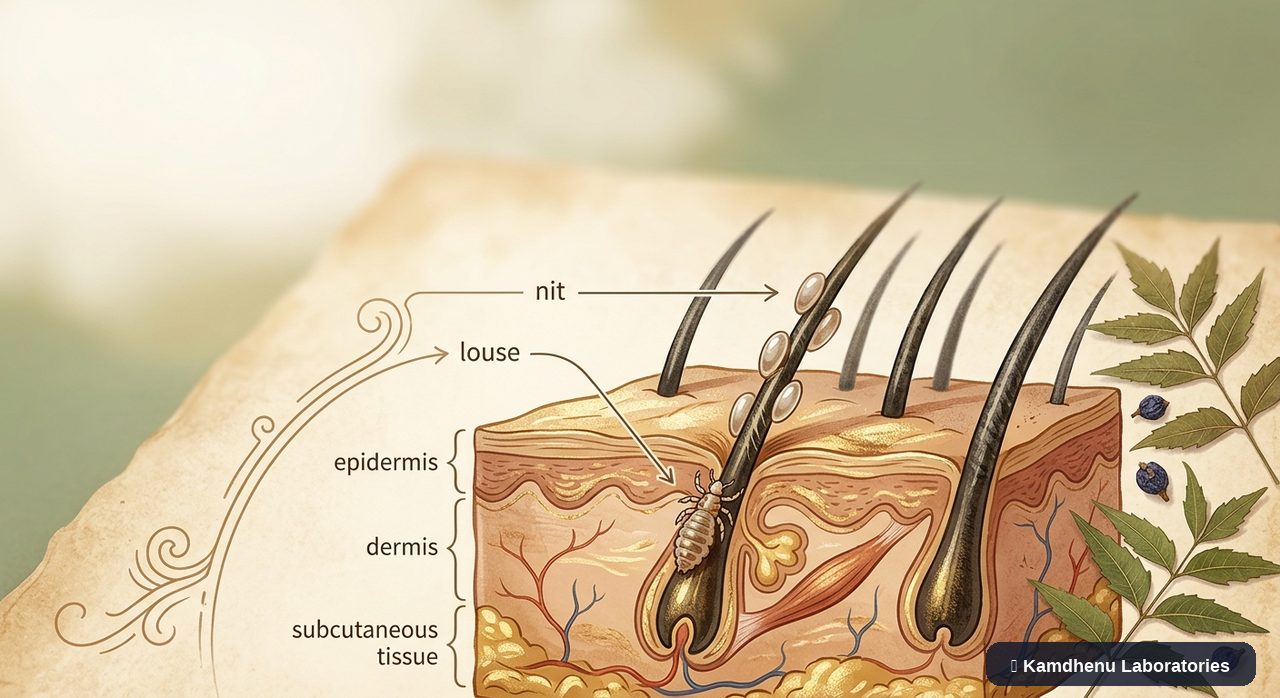 Editorial illustration representing Head lice for the Kamdhenu Laboratories educational wellness blog.