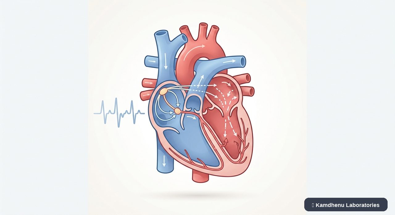 Editorial illustration representing Heart arrhythmia for the Kamdhenu Laboratories educational wellness blog.