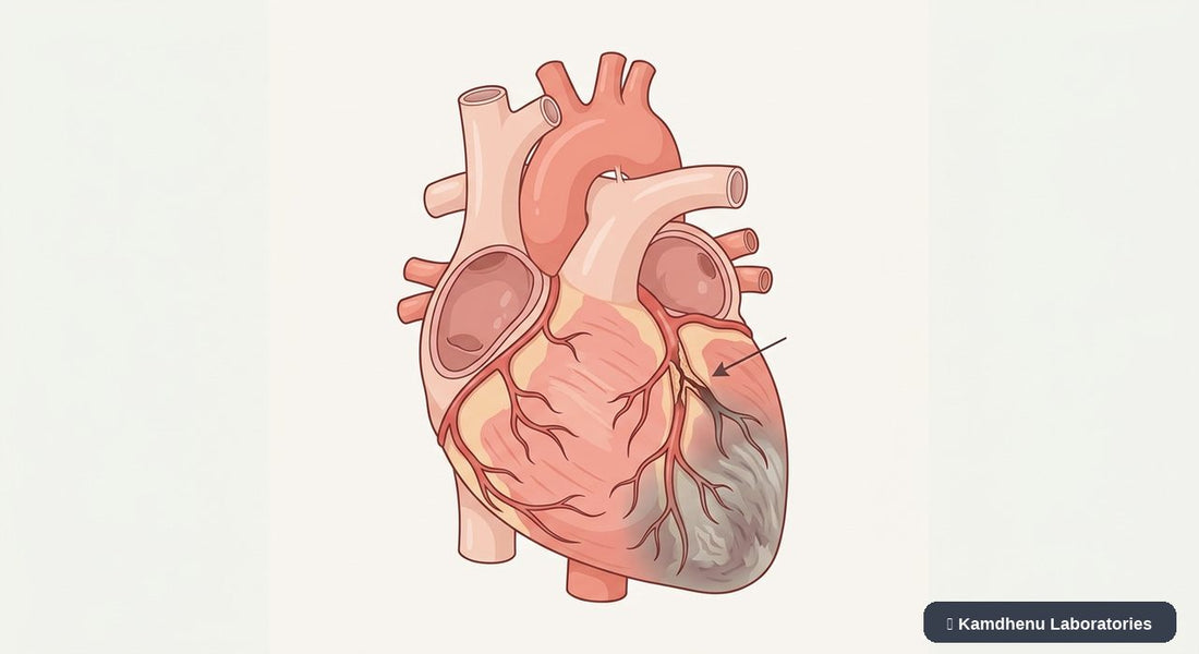 Editorial illustration representing Heart attack (Myocardial infarction) for the Kamdhenu Laboratories educational wellness blog.