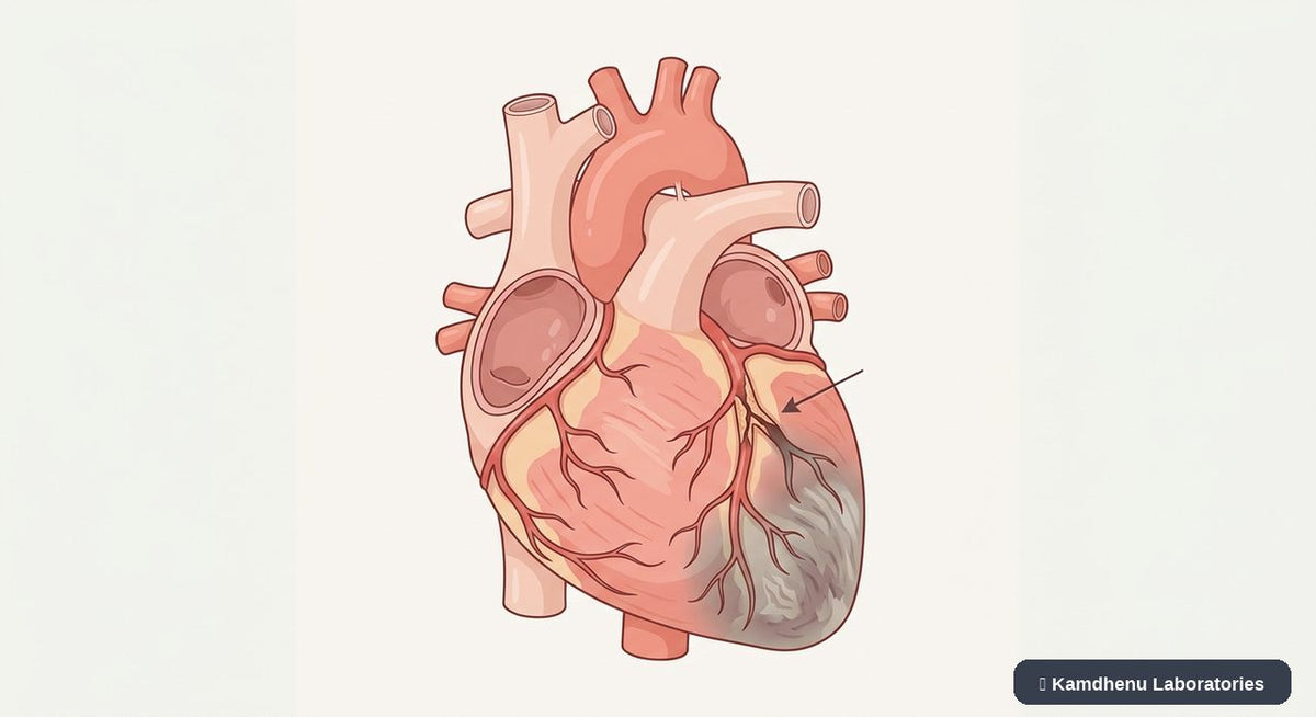 Editorial illustration representing Heart attack (Myocardial infarction) for the Kamdhenu Laboratories educational wellness blog.