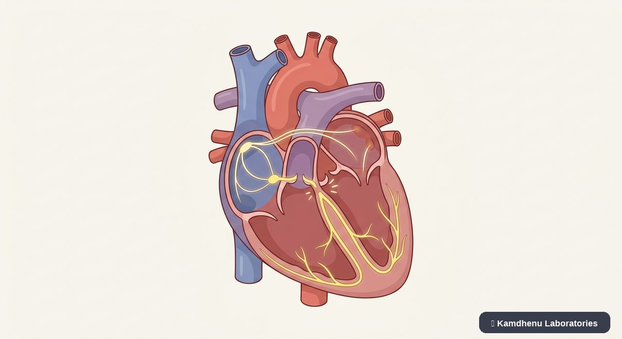 Editorial illustration representing Heart block for the Kamdhenu Laboratories educational wellness blog.