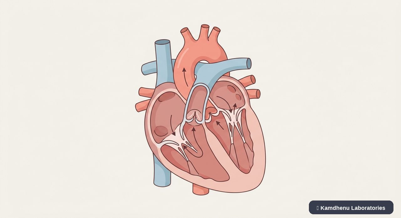 Editorial illustration representing Heart valve disease for the Kamdhenu Laboratories educational wellness blog.