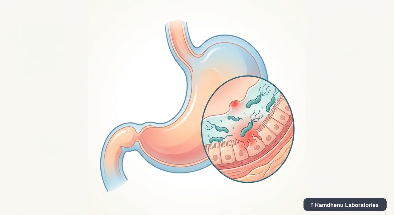 Editorial illustration representing Helicobacter pylori infection for the Kamdhenu Laboratories educational wellness blog.