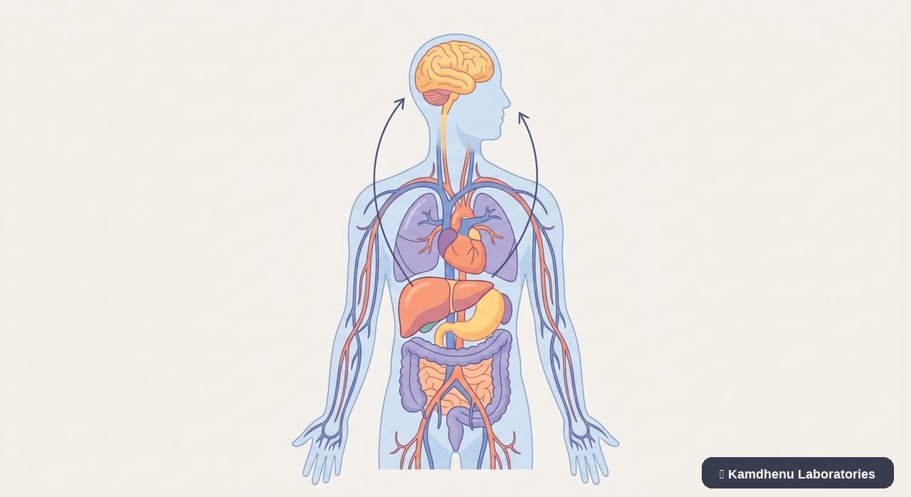 Editorial illustration representing Hepatic encephalopathy for the Kamdhenu Laboratories educational wellness blog.