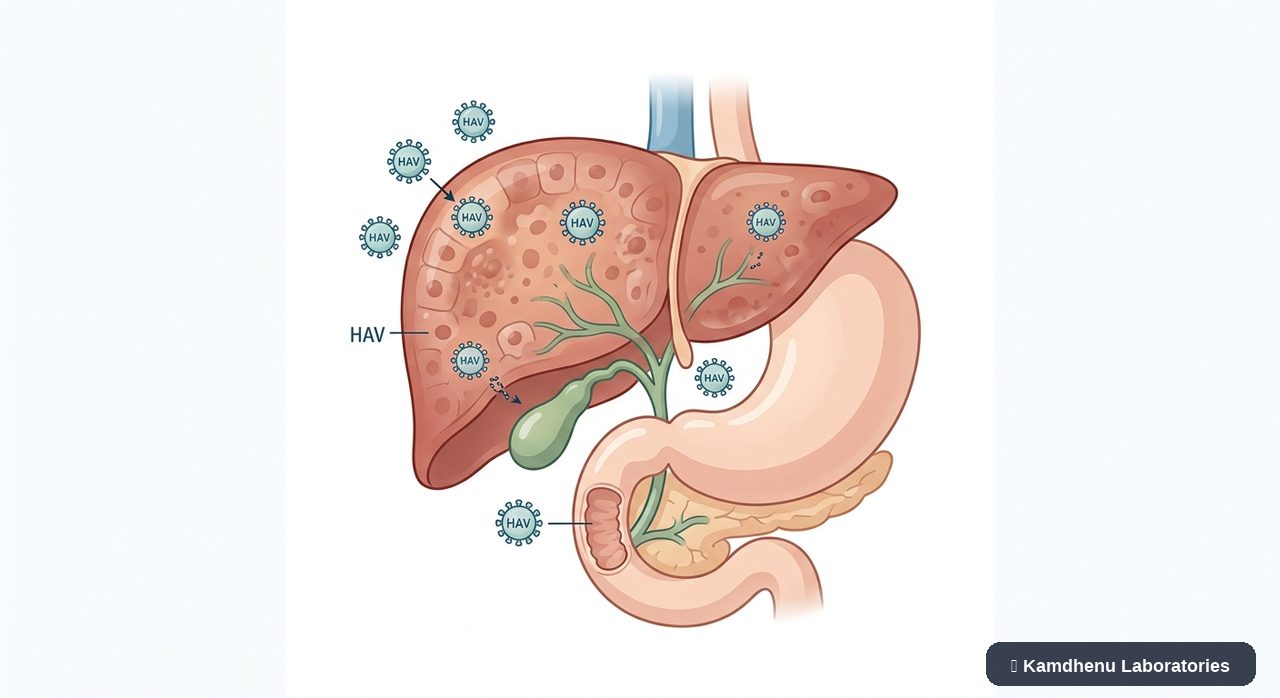 Editorial illustration representing Hepatitis A for the Kamdhenu Laboratories educational wellness blog.