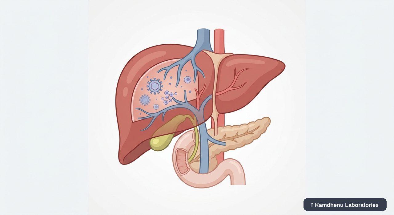 Editorial illustration representing Hepatitis B for the Kamdhenu Laboratories educational wellness blog.