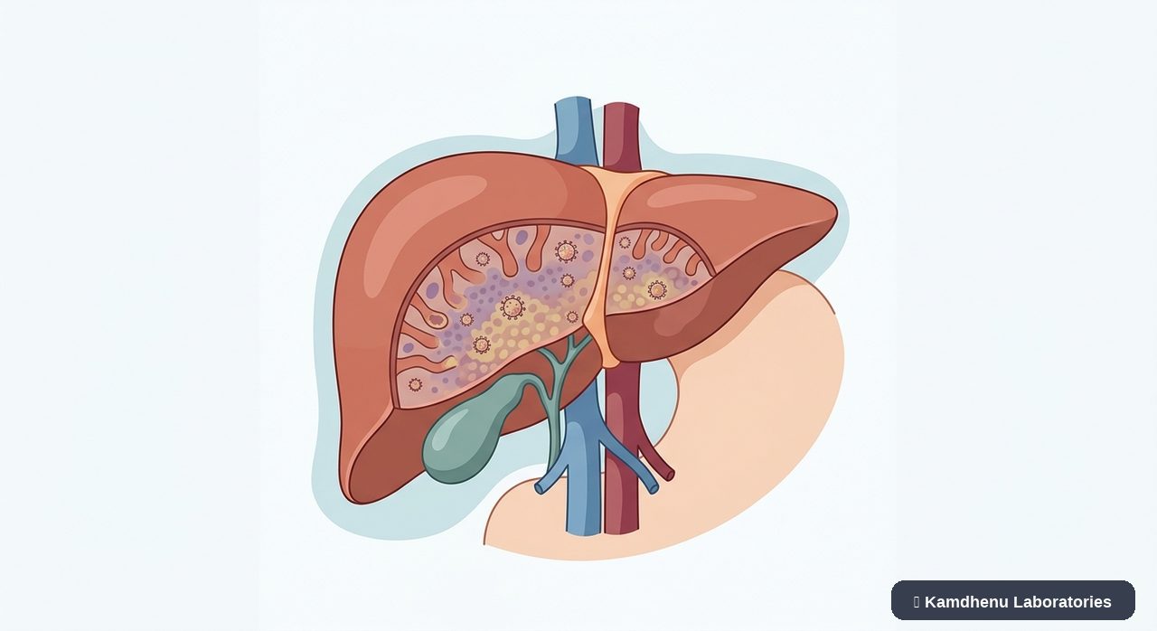 Editorial illustration representing Hepatitis C for the Kamdhenu Laboratories educational wellness blog.
