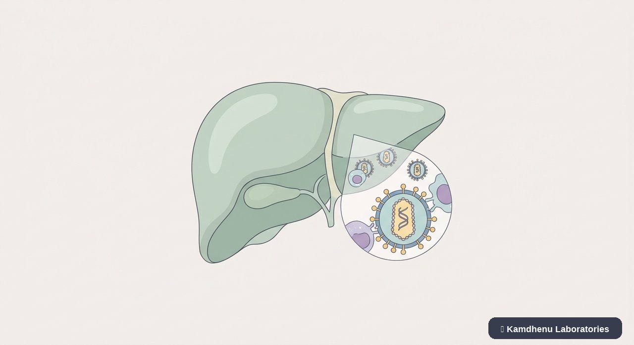Editorial illustration representing Hepatitis D for the Kamdhenu Laboratories educational wellness blog.