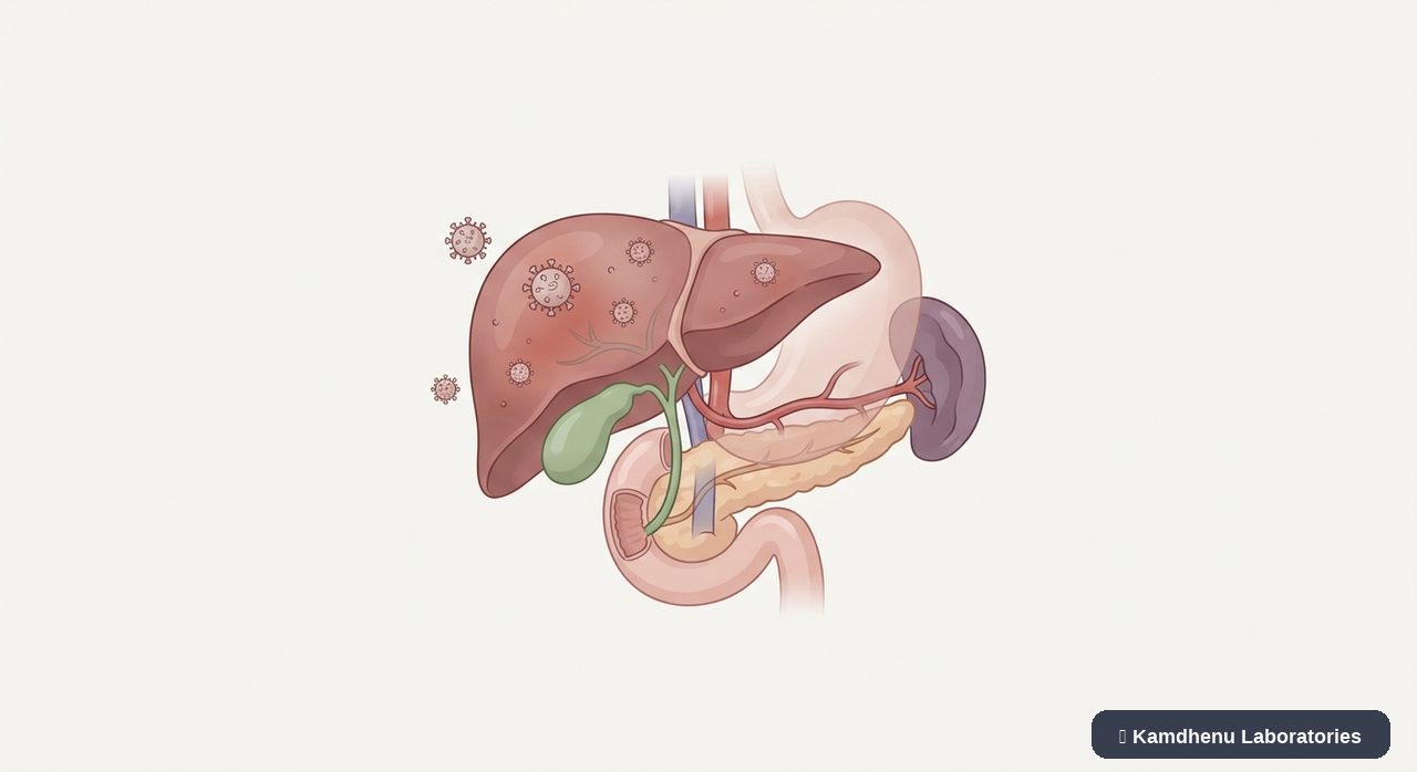 Editorial illustration representing Hepatitis E for the Kamdhenu Laboratories educational wellness blog.