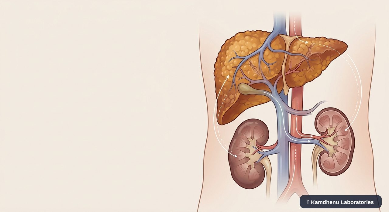 Editorial illustration representing Hepatorenal syndrome for the Kamdhenu Laboratories educational wellness blog.
