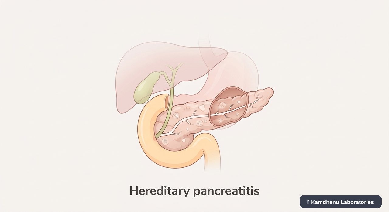 Editorial illustration representing Hereditary pancreatitis for the Kamdhenu Laboratories educational wellness blog.