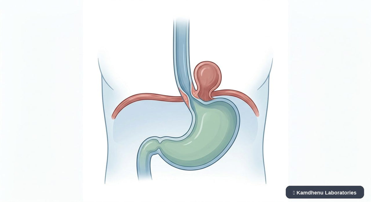 Editorial illustration representing Hiatus hernia for the Kamdhenu Laboratories educational wellness blog.