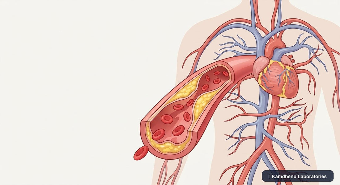 Editorial illustration representing High cholesterol (Hypercholesterolaemia) for the Kamdhenu Laboratories educational wellness blog.