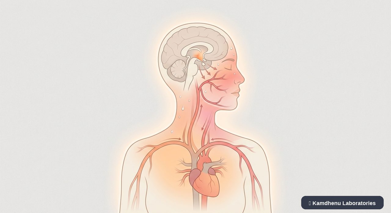 Editorial illustration representing Hot flushes for the Kamdhenu Laboratories educational wellness blog.