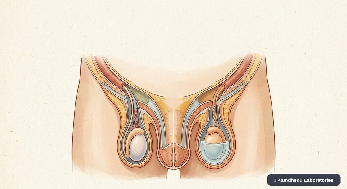 Editorial illustration representing Hydrocele for the Kamdhenu Laboratories educational wellness blog.