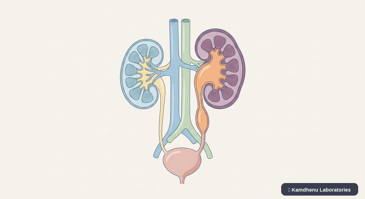 Editorial illustration representing Hydronephrosis for the Kamdhenu Laboratories educational wellness blog.