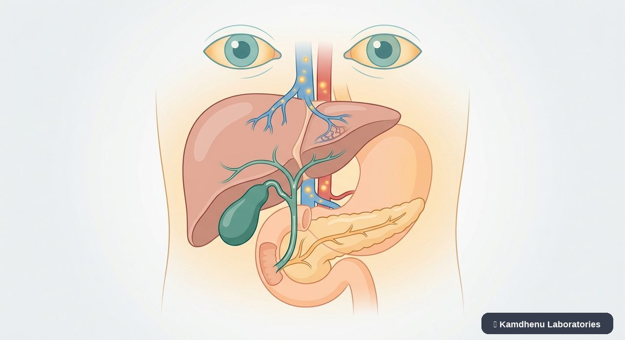 Editorial illustration representing Hyperbilirubinaemia for the Kamdhenu Laboratories educational wellness blog.