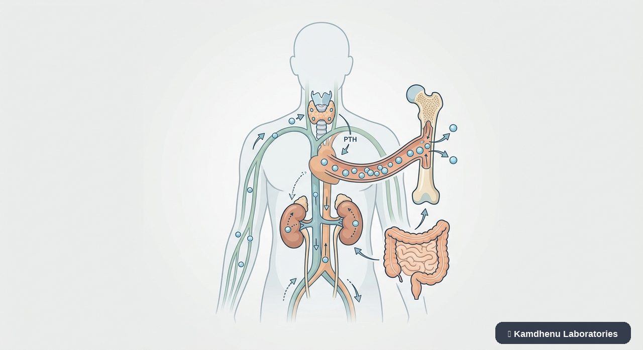 Editorial illustration representing Hypercalcaemia for the Kamdhenu Laboratories educational wellness blog.