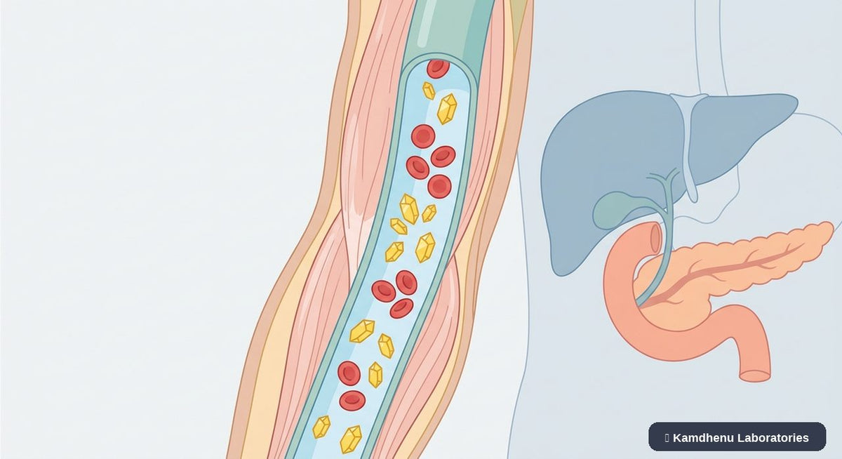 Editorial illustration representing Hyperglycaemia for the Kamdhenu Laboratories educational wellness blog.
