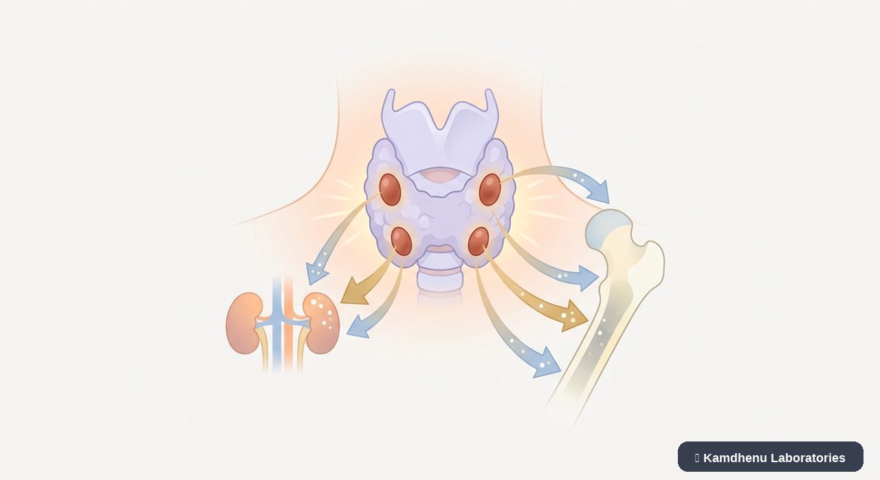 Editorial illustration representing Hyperparathyroidism for the Kamdhenu Laboratories educational wellness blog.