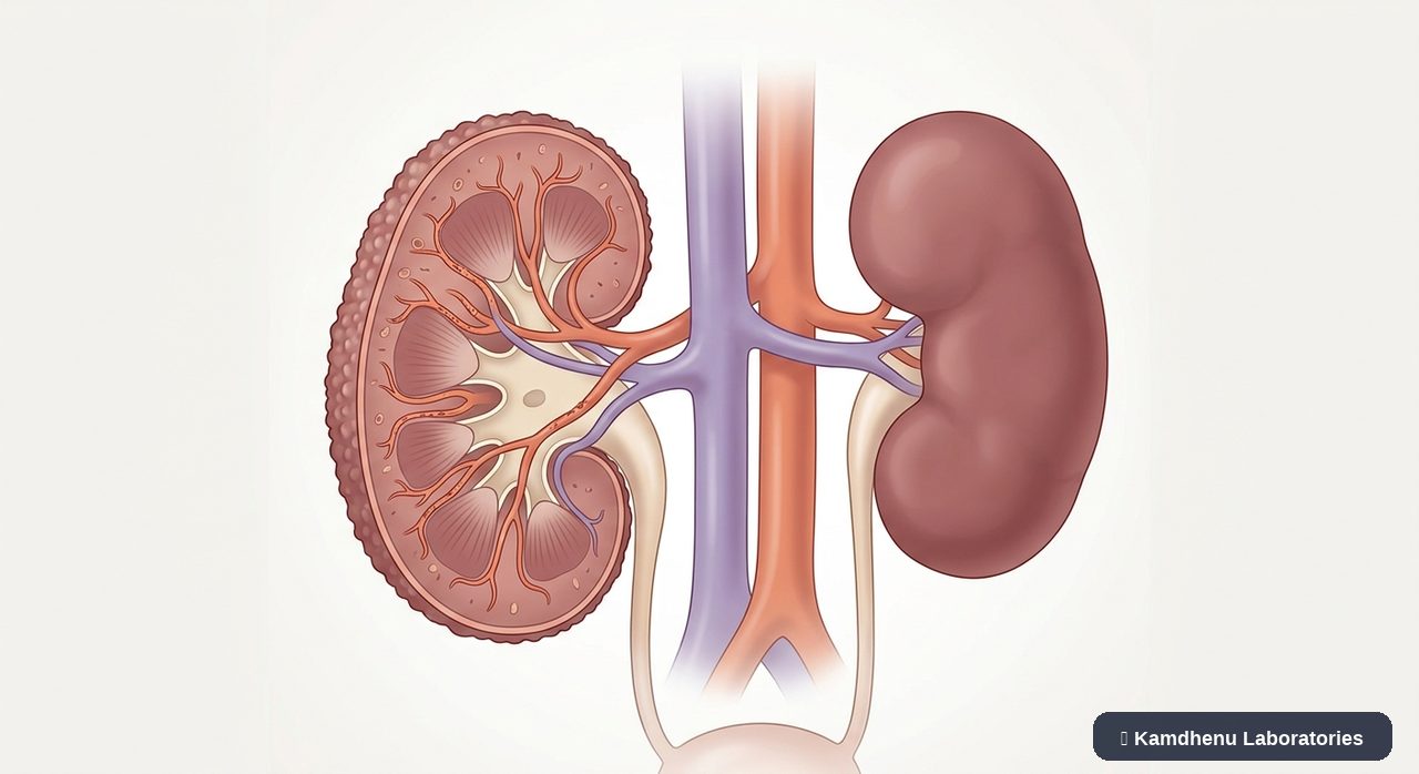 Editorial illustration representing Hypertensive kidney disease for the Kamdhenu Laboratories educational wellness blog.