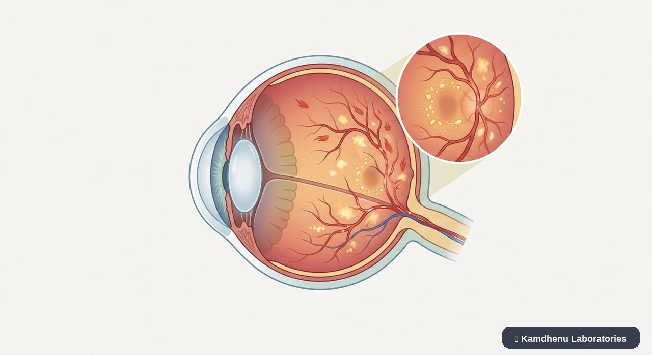 Editorial illustration representing Hypertensive retinopathy for the Kamdhenu Laboratories educational wellness blog.
