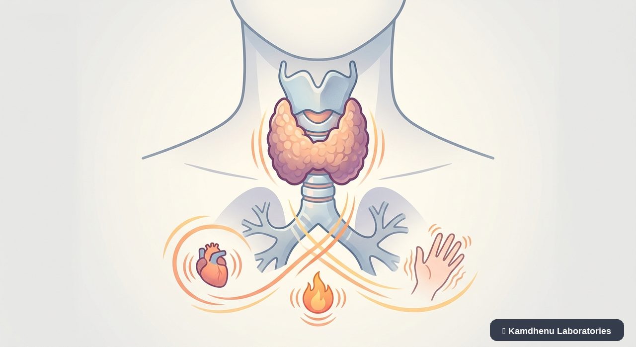 Editorial illustration representing Hyperthyroidism for the Kamdhenu Laboratories educational wellness blog.