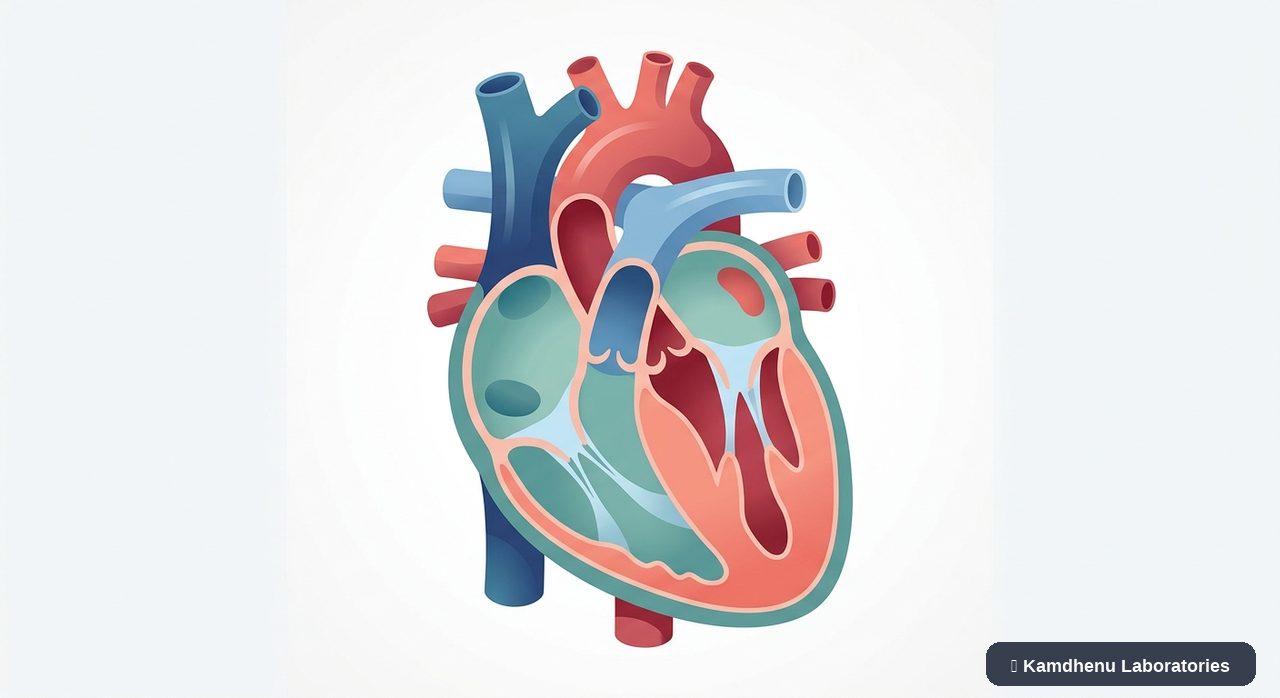 Editorial illustration representing Hypertrophic cardiomyopathy for the Kamdhenu Laboratories educational wellness blog.