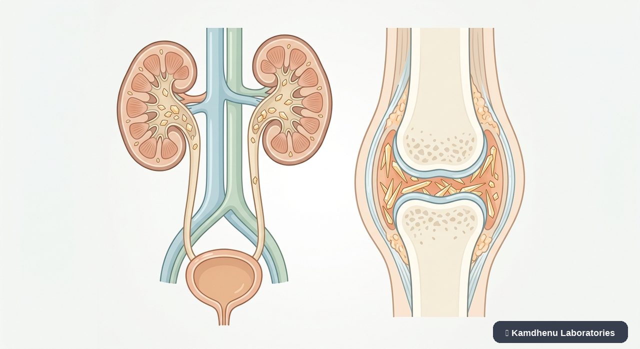 Editorial illustration representing Hyperuricaemia for the Kamdhenu Laboratories educational wellness blog.