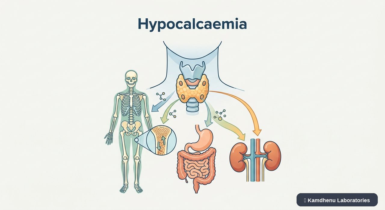 Editorial illustration representing Hypocalcaemia for the Kamdhenu Laboratories educational wellness blog.